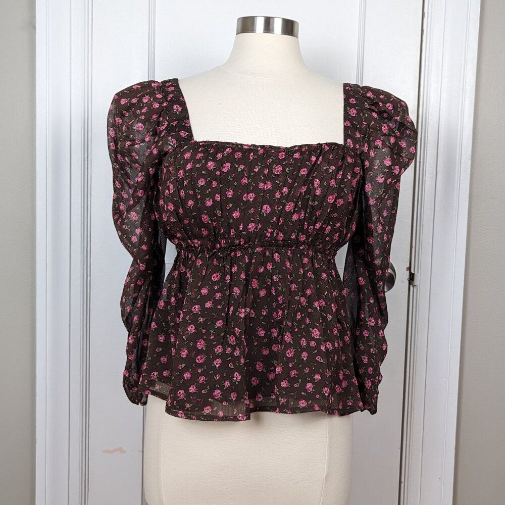 ASTR the Label Floral Print Smocked Babydoll Top in Brown Pink Ditsy - Picture 2 of 9